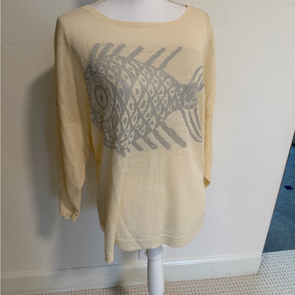 Koch L Cream Linen Sweater with Silver Fish Design